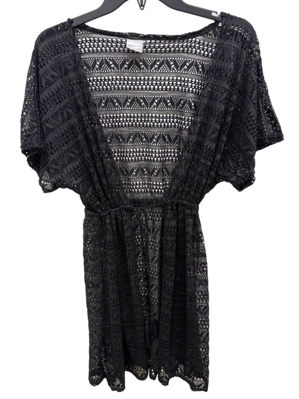 Waves To Coast Black Crochet Lace Beach Cover Up Kimono Large Polyester Spandex